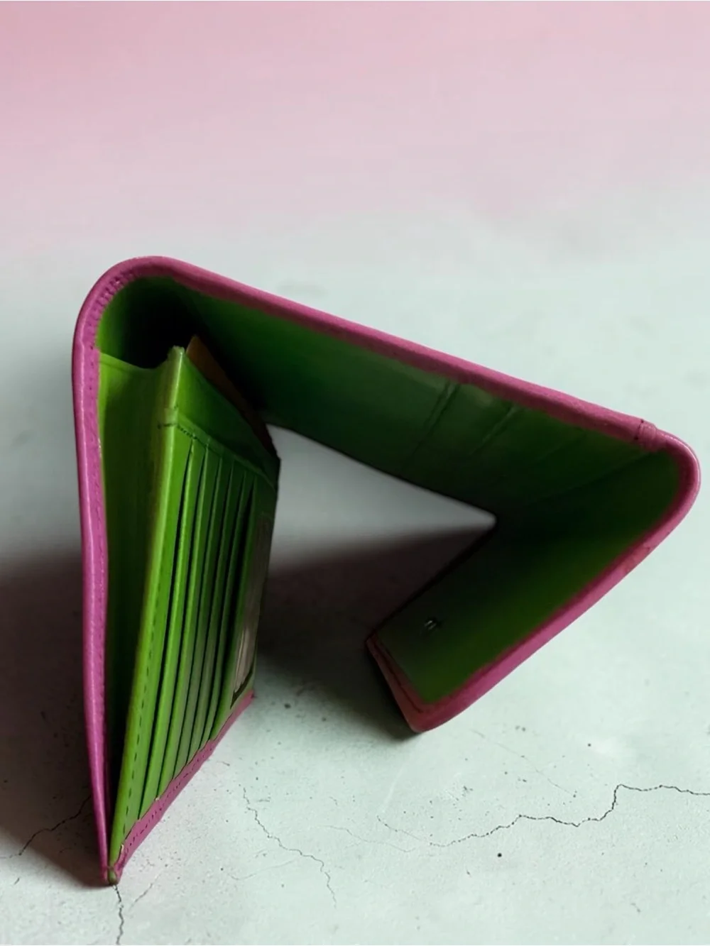 Vintage Monsac Hot Pink Lime Green Leather Tri Fold Wallet Colorblock Y2K Retro